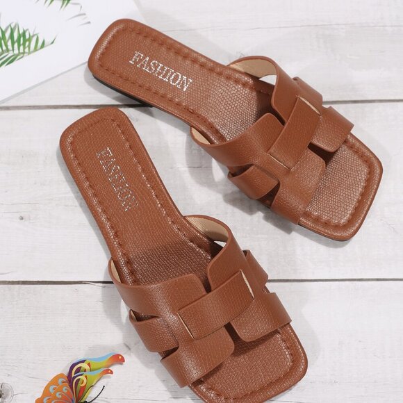 Brown Elegant Women's Snakeskin Embossed Cut Out Slide Sandals - Picture 4 of 7